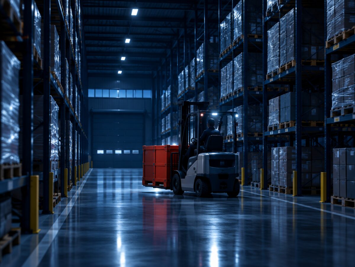 Gece çalışan geniş bir lojistik deposu, raflar ve kırmızı sandık taşıyan forklift
